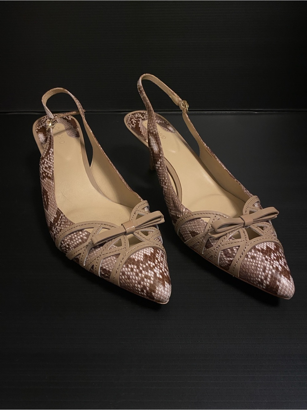 Joan & David Pointed Slingback Kitten Heels in Taupe Snake Print Size 11M